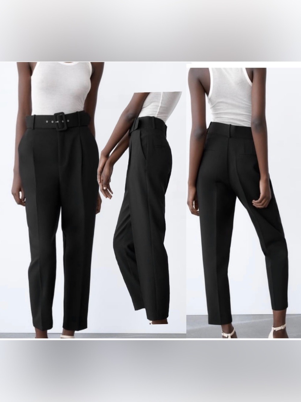 Zara Black High-Rise Tailored Belted Trousers dress pants Sz M